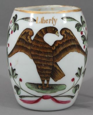 18thc Antique Blown Milk Glass Mug,  American Liberty Eagle Folk Art Painting