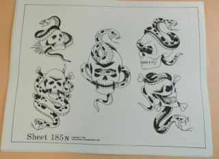 Vintage 1978 Spaulding & Rogers Tattoo Flash Sheet 185n Snakes Skulls