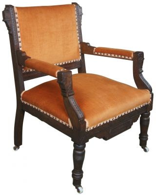 Antique Eastlake Victorian Gentlemans Parlor Arm Chair Carved Walnut Nailhead