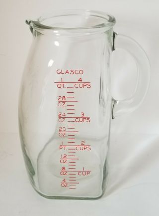 Vintage Glasco Pot Belly Measuring Cup - 1 Quart 4 Cup Pitcher W/ Red Letters 7 "