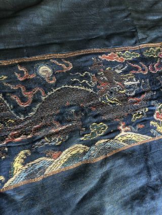 Antique Chinese Blue Dragon Embrodery Silk Square 18th - 19th Century