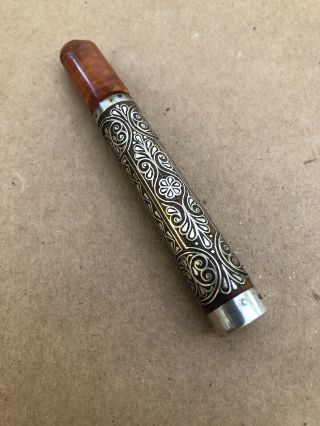 Antique Sterling Silver Inlay Wood With Amber Tip Cigarette Holder Marked Bm