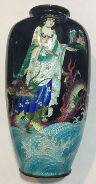 Nr Fine Antique Artist Signed Japanese Foil Cloisonne Dragon & Girl 6” Vase