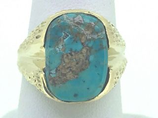 Authentic Vintage 14k Yellow Gold & Kingman Turquoise Ring Unisex Sz 9