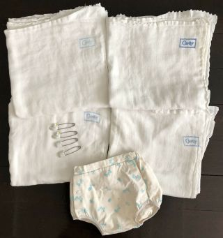 4 Vintage Curity Cloth Baby Diapers Blue Label 1960s 4 Pins 1 Rubber Pant