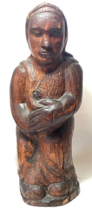 Antique 1850s Primitive Early American Folk Art Wood Statue Carving Native Woman
