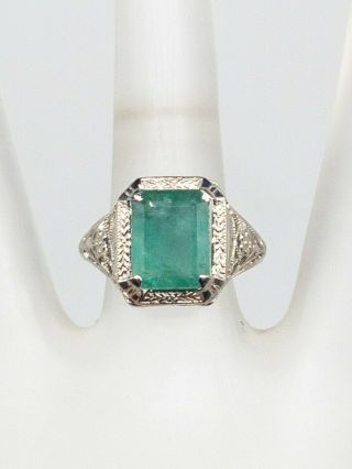 Antique 1920s $4000 4ct Colombian Emerald 14k White Gold Filigree Ring