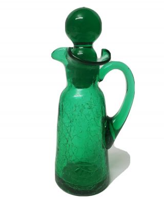 Vintage Green Crackle Glass Cruet Pitcher With Stopper Antique Collectible Glass