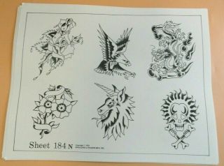 Vintage 1978 Spaulding & Rogers Tattoo Flash Sheet 184n Rose Eagle Dragon