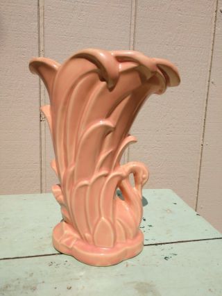 Vintage Art Deco Mccoy Pottery Pink Peach Swan Vase 9.  5 " Tall