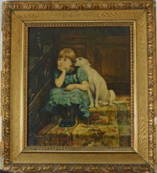 Fine Antique 19th Century Portrait Of A Girl & Dog Oil Painting Riviere