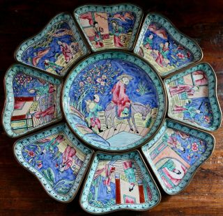 19th C Set Of Antique Canton Enamel On Brass Sweetmeats Dishes Plates Complete