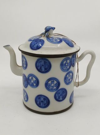 19th Century Chinese Export Teapot With Pweter Rim And Chinese Coins Decoration