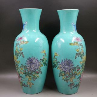A Pair Rare Chinese Qing Famille Rose Porcelain Flowers Bird Vase 2