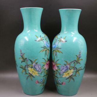 A Pair Rare Chinese Qing Famille Rose Porcelain Flowers Bird Vase 3