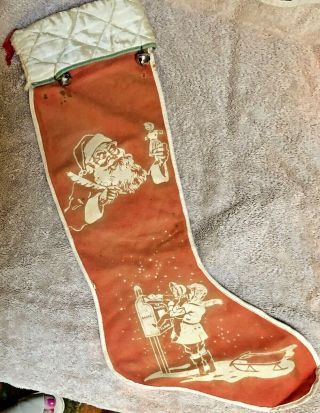 Antique Vintage Stenciled Quilted Bells Red White Felt Christmas Stocking
