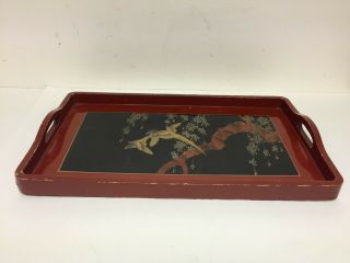 Vintage Lacquer Wood Serving Tray Cut Out Handles Birds & Tree Made In Japan 17 "