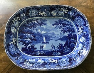 Antique Pearlware Blue Transfer Printed Platter C1820 Windsor Castle W.  Adams