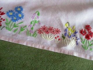 Vintage Tablecloth - Hand Embroidered Small Flowers - Linen