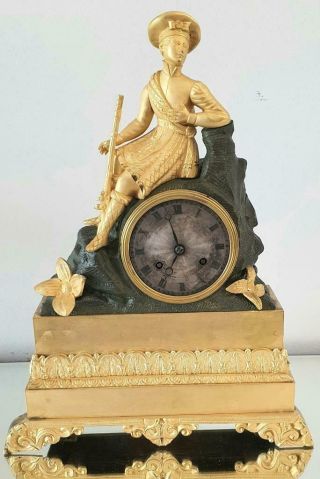 French Antique Pons Mantle Clock Bronze Ormolu 8 Day Figural Empire Striking