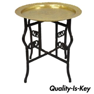 Moroccan Oriental Carved Wood Folding Base Brass Tray Round Coffee Side Table