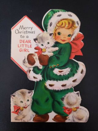 Vtg Hallmark Christmas Greeting Card Cute Girl Lady Fur Trim Coat Kittens Diecut