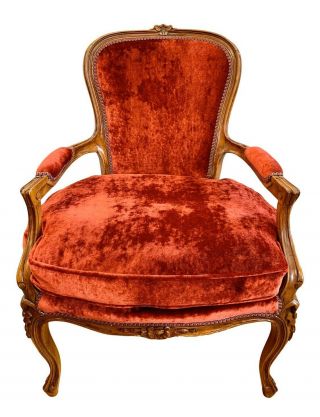 Antique French Louis Xvi Carved Bergere Red Velvet Armchair Arm Chair