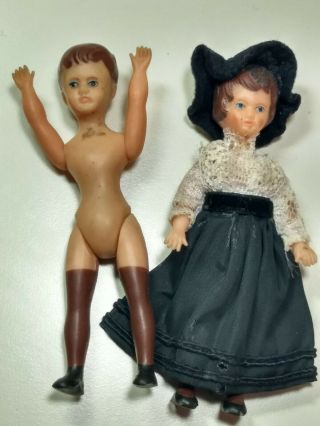 2 Ari German Dollhouse Miniature Dolls 4 1/2 " Tall Rubber Girl Vintage Germany