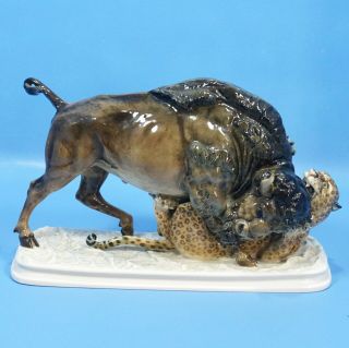 Antique German Hutschenreuther Selb Porcelain Sculpture Buffalo Leopard Tutter