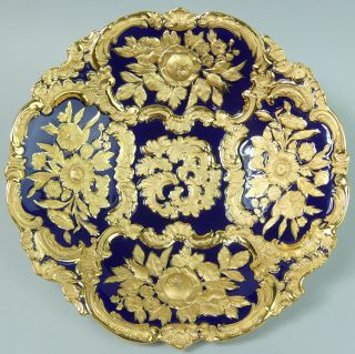 Antique Meissen Embossed Cobalt Blue Richly Gilded Porcelain Cabinet Dish