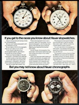 1967 Tag Heuer Carrera Date Autavia 45 & Stop Watch Photo Vintage Print Ad