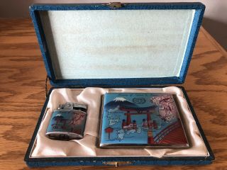 Vintage Blue Robin Memory Of Japan & Korea Large Cigarette Case And Lighter