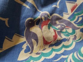 Awesome Vintage Knitting Bag Wood Handles Blue Penguin Rainbows Print Fabric