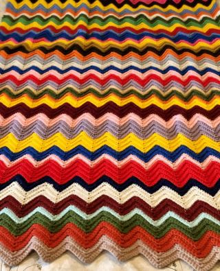 Crochet Afghan Throw Blanket Vintage Granny Handmade Quilt 40x70 Chevron Zigzag