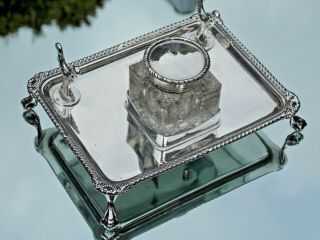 STUNNING EDWARDIAN Sydney & Co SOLID SILVER INK STAND & INK WELL WITH PEN REST 3