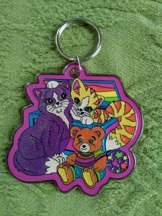 Vintage Lisa Frank Large Plastic Keychain Kittens Cats Rainbow Glitter 4 "