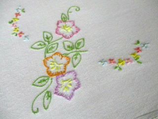 Vintage Tablecloth Hand Embroidered Flowers,  Lace Trim