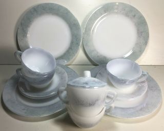Vintage Federal Milk Glass Plates Scribble Mid Century Modern Gray & White