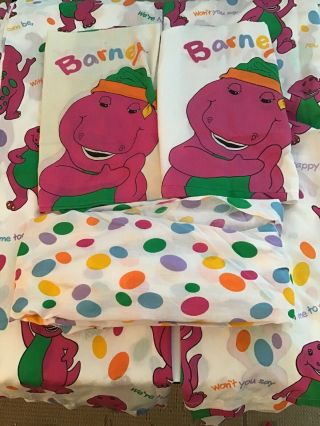Vintage 1992 Barney Dinosaur Sheet Set 5 Piece Twin 2 Flat 1 Fitted 2pillow Case