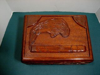 Vintage Highly Carved Cigar Box Humidor Made In Cuba & Cigar Cutter