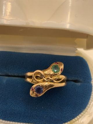 Antique Art Nouveau 14k Gold Snake Ring Ruby Eyes Emerald Sapphire Estate Snakes