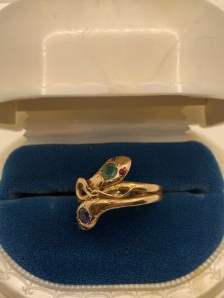 Antique Art Nouveau 14k Gold Snake Ring Ruby Eyes Emerald Sapphire Estate Snakes 2