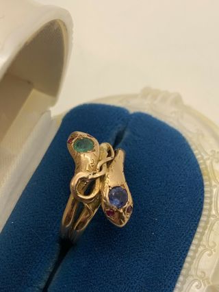 Antique Art Nouveau 14k Gold Snake Ring Ruby Eyes Emerald Sapphire Estate Snakes 3