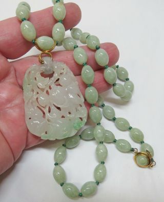 Vintage Chinese Jade & 14k 26 " Necklace W Large Hand Carved Pendant