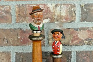 2 Vintage Anri Hand Carved Wood Bottle Stoppers Bearded Man,  & Smiling Man
