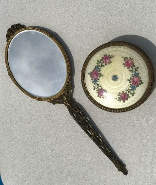 Vintage Gold Filagree Floral Vanity Mirror And Glass Powder Jar Makeup Set