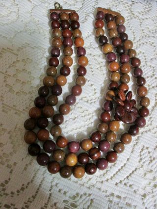 Vintage Wooden Beaded Necklace Three Strands Side Flower Multi Wood Tones Chunky