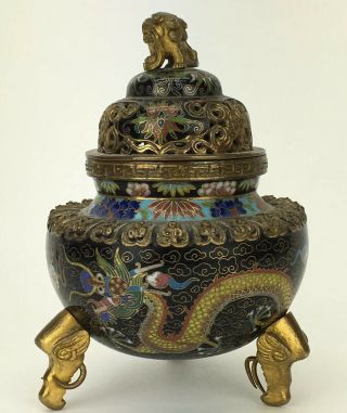 Chinese Cloisonne Gilt Bronze Tripod Incense Burner Dragon Black Ground Censer