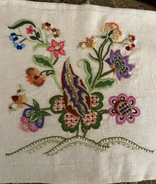 Vtg Crewel Pillow Top Completed Finished Floral Linen Needlework 12 "