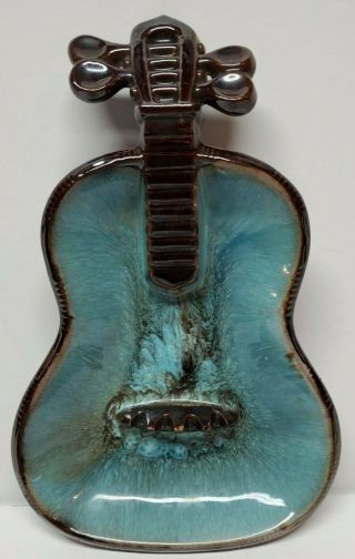 Vintage Guitar Fiddle Violin Brown Blue Drip Glaze Pottery Ashtray Artmark Japan
